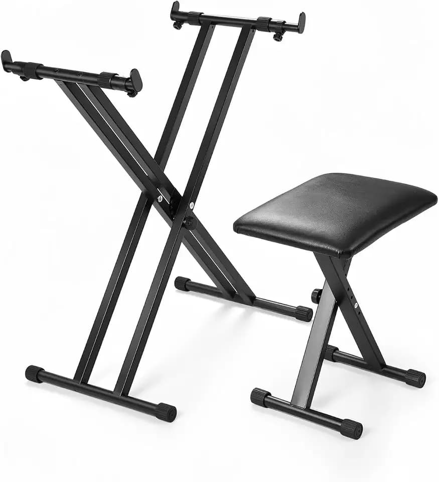 Keyboard Stand & Bench Set – Double-X Piano Stand with Adjustable Height (7 Levels), Foldable Design, Heavy-Duty Construction, Suitable for Most Keyboards, Digital Pianos