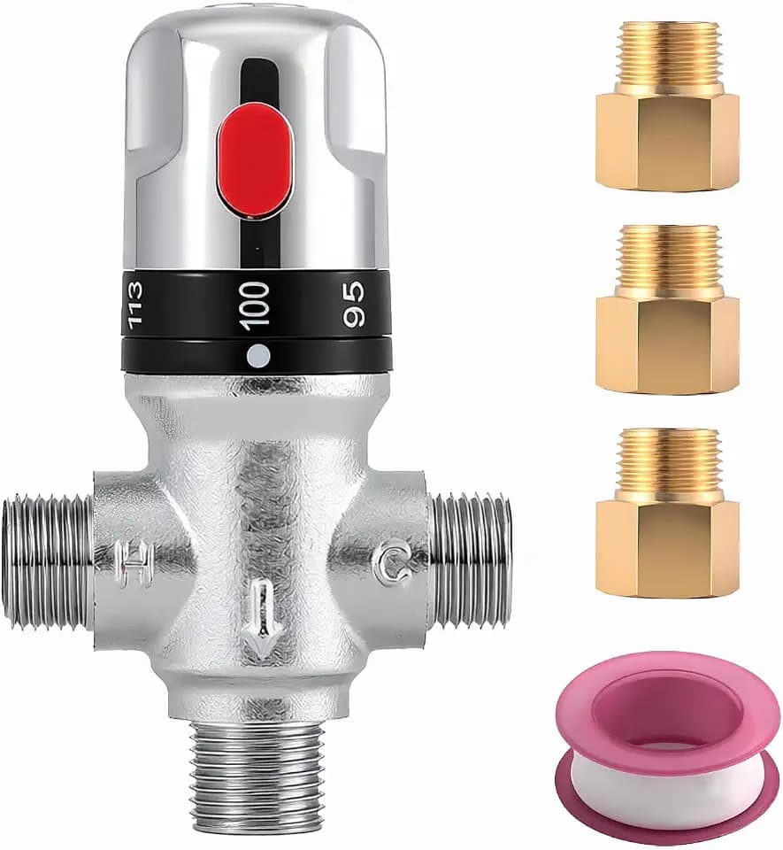 TreMax Thermostatic Mixing Valve,Shower Water Mixing Valve, With 1/2“G to 1/2‘’ NPT Connection Adaptors, Water Temperature Control Valve,Fahrenheit Scale Mark, Solid Brass (Silver)