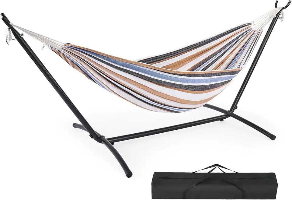 DUMOS Double Hammock with Space Saving Stand, Heavy Duty Steel Frame, Portable for Outside & Indoor Use, 450lbs Capacity, Easy Assembly, Carrying Bag Included, Beige