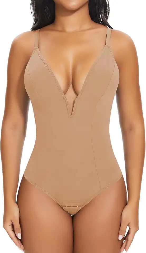 SHAPERIN Women's Deep V Neck Bodysuit Double Lined Plunge Tummy Control Shapewear Thong Body Suits Backless Cami Tank