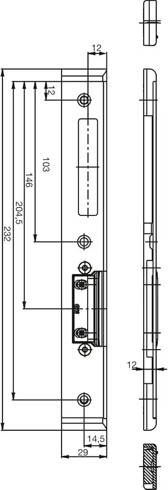 GU Schließblech für Secury zum Aufschrauben, verstellbar mit AT-Stück mit Euro-Falz 29x8 mm, rechts Stahl verzinkt silberfärbig