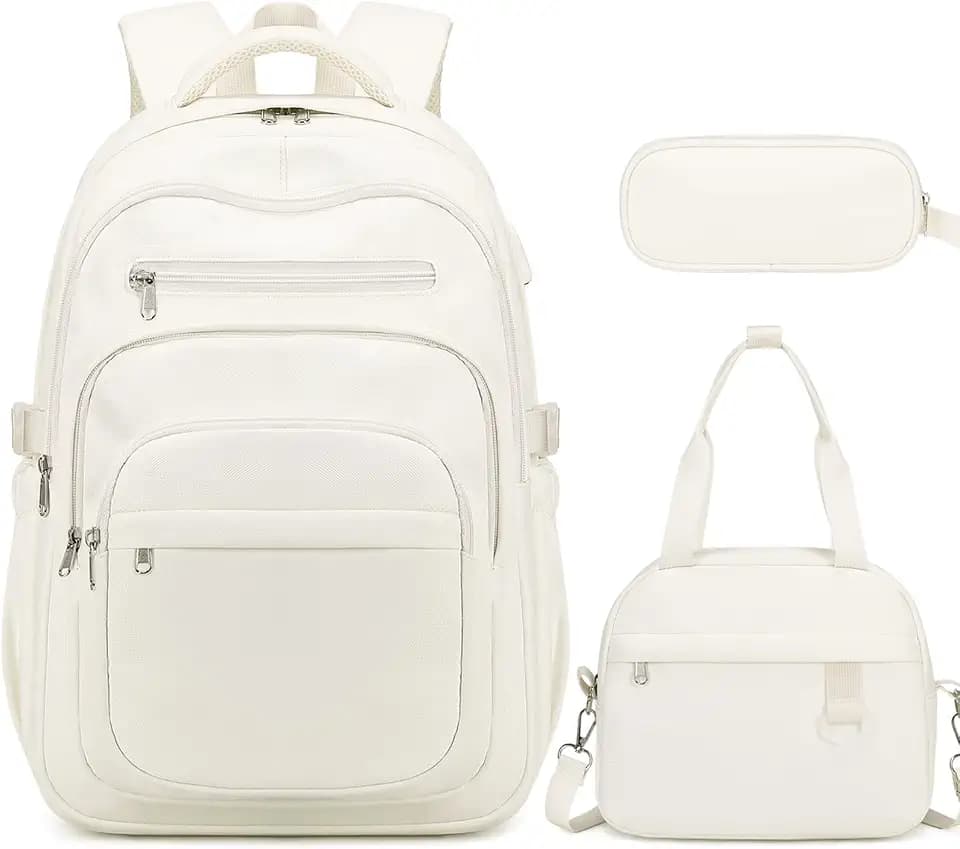 DIGOBAY Backpack for School Girls Boys, College Backpack with Lunch Bag Pencil Case for Teens Kids Elementary Middle High School, Casual Multi-Pocket Travel Daypack with USB Port for Women Men Beige