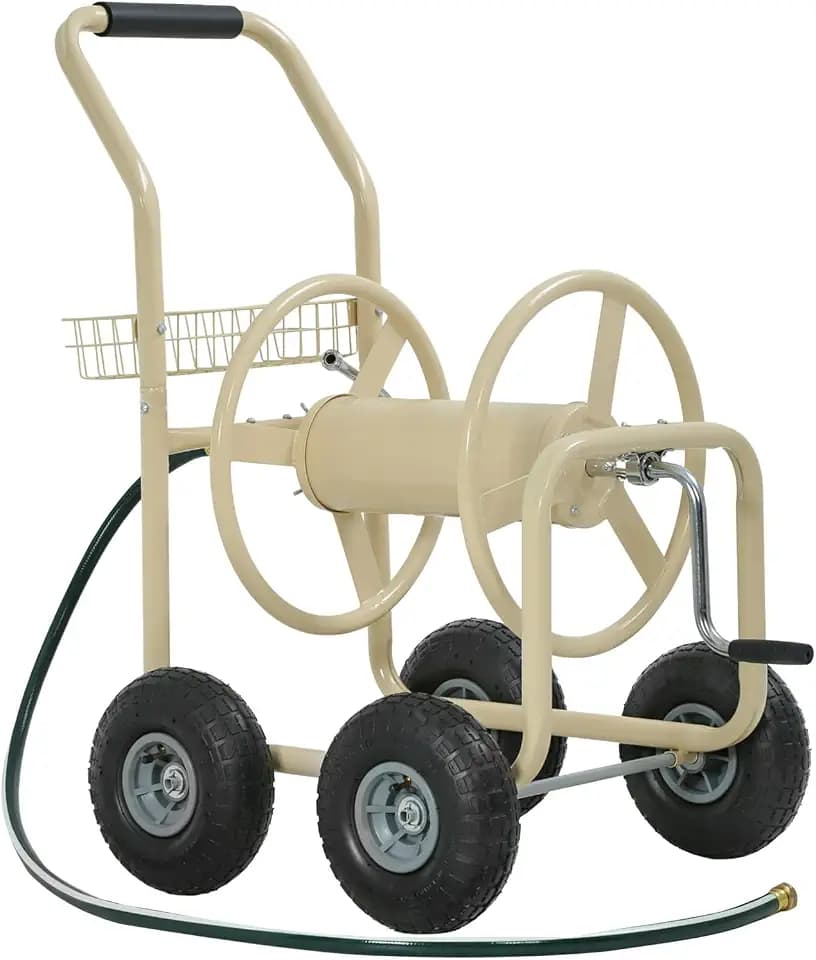 FDW Garden Hose Reel Cart, Water Hose Cart with 4 Wheels, Hold Up to 300 ft of 5/8’’ Hose，Heavy Duty Powder-Coated Steel Planting with Storage Basket, for Garden, Yard and Lawn