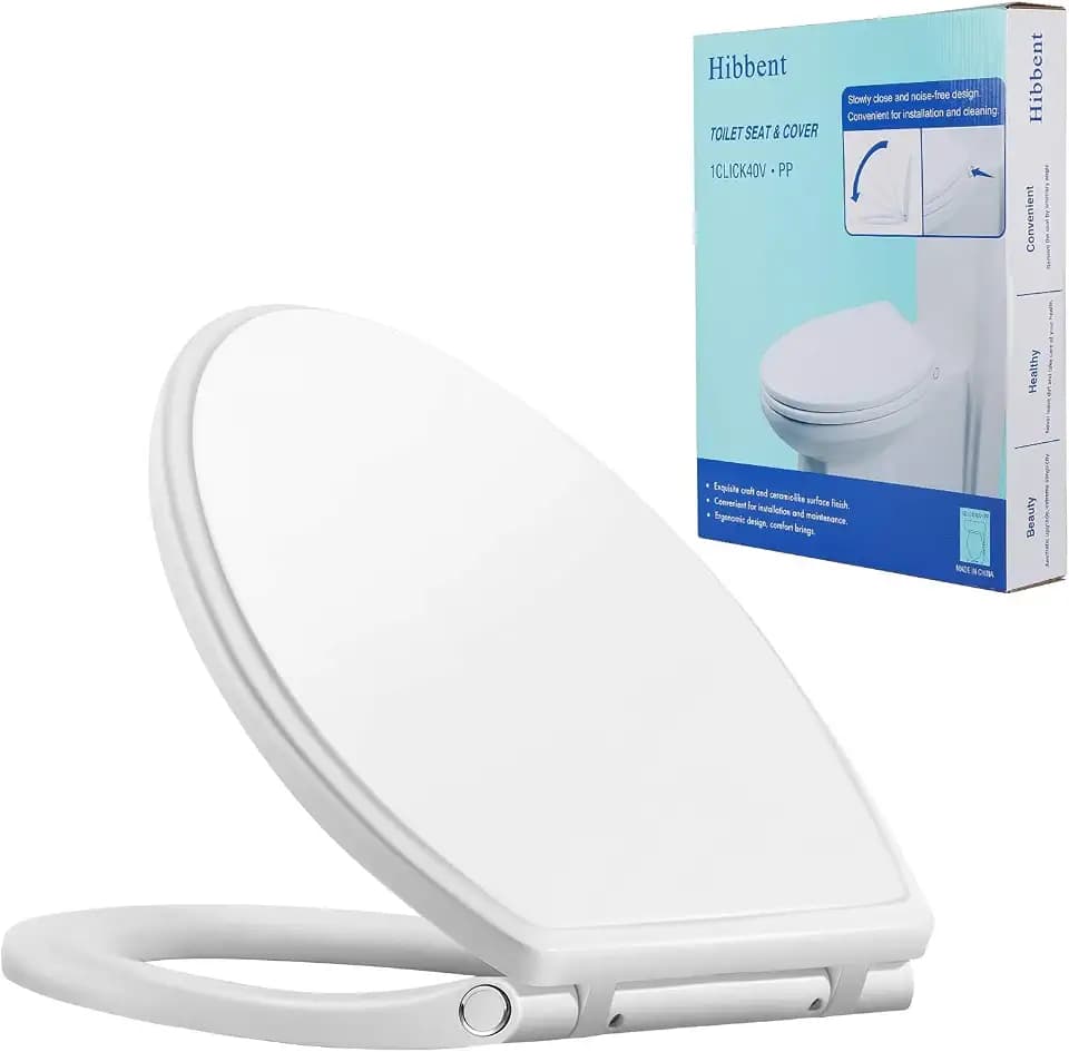 Hibbent Runder Premium-Toilettensitz mit Abdeckung, leises Schließen, Ein-Klick zum Schnellentriegeln, einfache Installation, rutschfeste Sitzstoßstangen, langsam schließender WC-Sitz und Abdeckung,