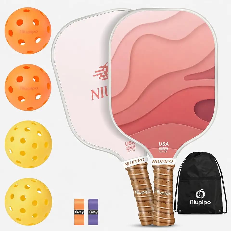 niupipo Pickleball Paddles Set of 2 or 4, USAPA Approved Fiberglass Pickleball Paddle Set with Balls and Bag, Polypropylene Honeycomb Core, Lightweight Pickleball Paddles for Beginners Men Women