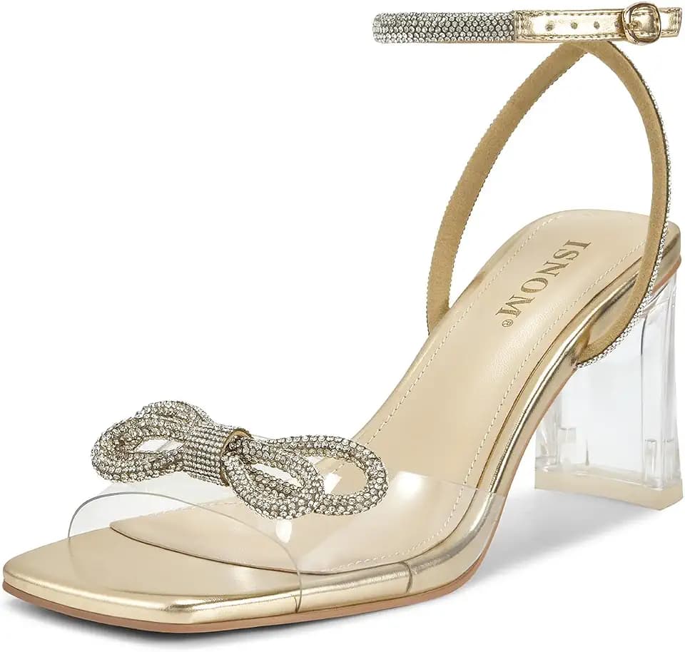 ISNOM Clear Heels for Women with Square Toe, Wedding Heels with Bow