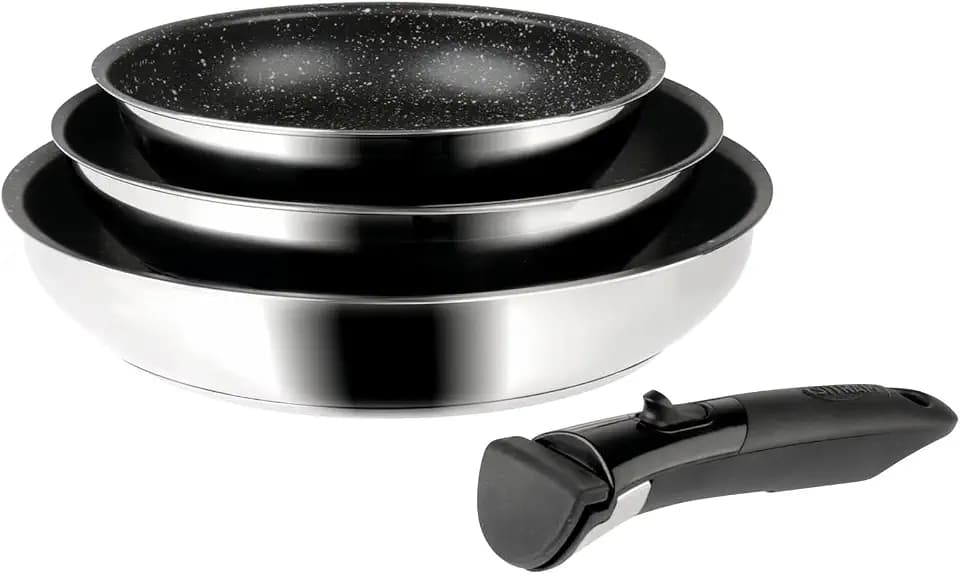Sitram 714269 Pfannen-Set, Edelstahl, Ø 20, 24, 28 cm, Beschichtung innen Steinoptik, Antihaftbeschichtung, ohne PFOA, abnehmbarer Griff, für alle Herde, auch Induktionsherde, 3 Stück