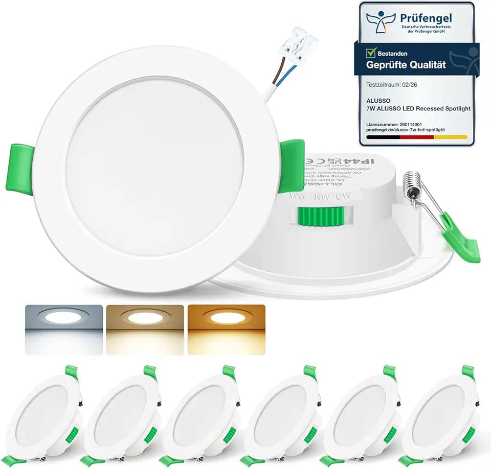 ALUSSO LED Einbaustrahler 230V 7W 3CCT Dimmbar 68mm Spots, Weiss 6er Set