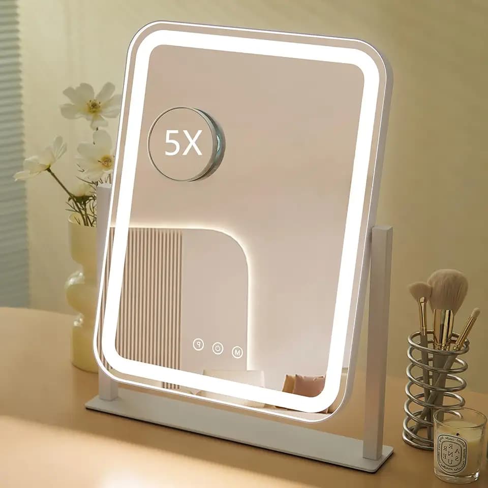 HIEEY Vanity Mirror with Lights, Three Color Lighting Modes, and 5X Magnification Mirror, Smart Touch Control, 360°Rotation (16.73" x 13.38" White,Gift Box)