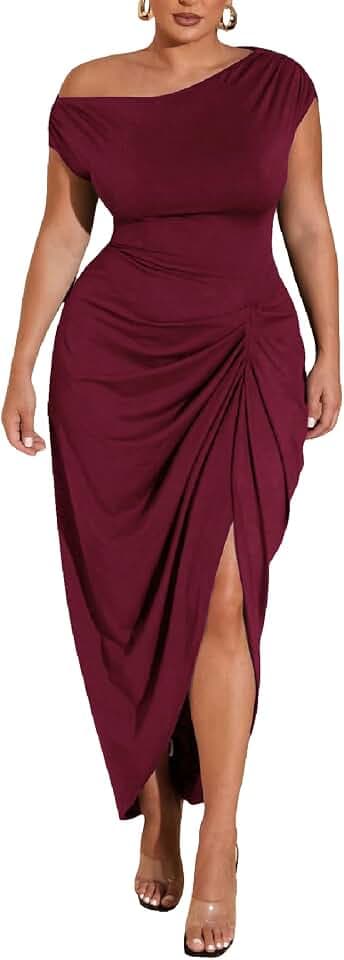 Floerns Women's Plus Size Asymmetrical Neck Ruched Slit Hem Cocktail Dress