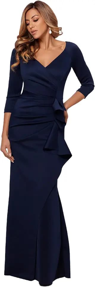 Xscape Women's Floor Length V-Neck Bodycon Evening Gown with 3/4 Sleeves, Ruching, & Ruffle Detail, Midnight, 6P, Petite