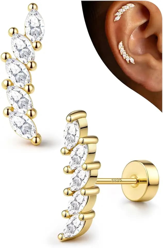 LOLIAS Hypoallergenic Cartilage Earrings for Women Flat Back-925 Sterling Silver Post Stud Flatback Earrings for Sensitive Ears-20G Ear Crawler Climber Cartilage Earring Tragus Conch Helix Piercing Jewelry