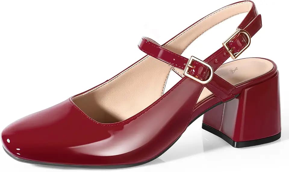 Ankis Women's Mary Jane Heels Slingback Chunky Low Heels Square Toe Dress Pumps for Office Wedding Party