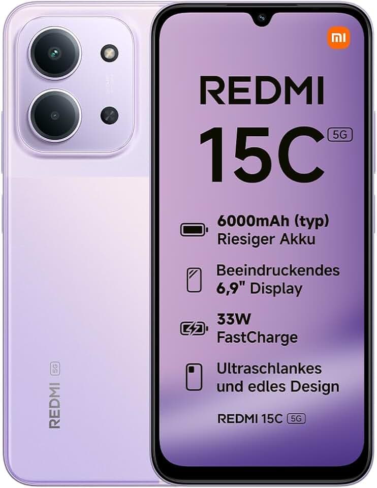 XIAOMI Redmi 15C 5G Smartphone 4+128GB, Unlocked, Handy mit Android, 6,9" 120Hz Display, MediaTek Dimensity 6300 Prozessor 6nm Octa-Core, 50MP KI-Dualkamera, 6000mAh, Dämmerungslila