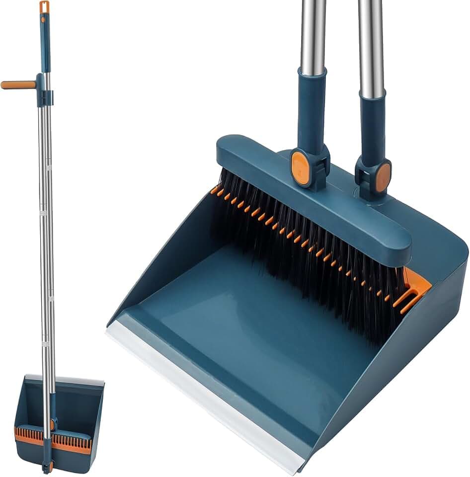 Besen- und Kehrschaufel-Set, Kehrbesen mit langem Stiel und aufrecht stehender Kehrschaufel mit Kammzähnen für den Innenbereich, Zuhause, Küche, Lobby, Garten, Büro, Zimmer (blau)