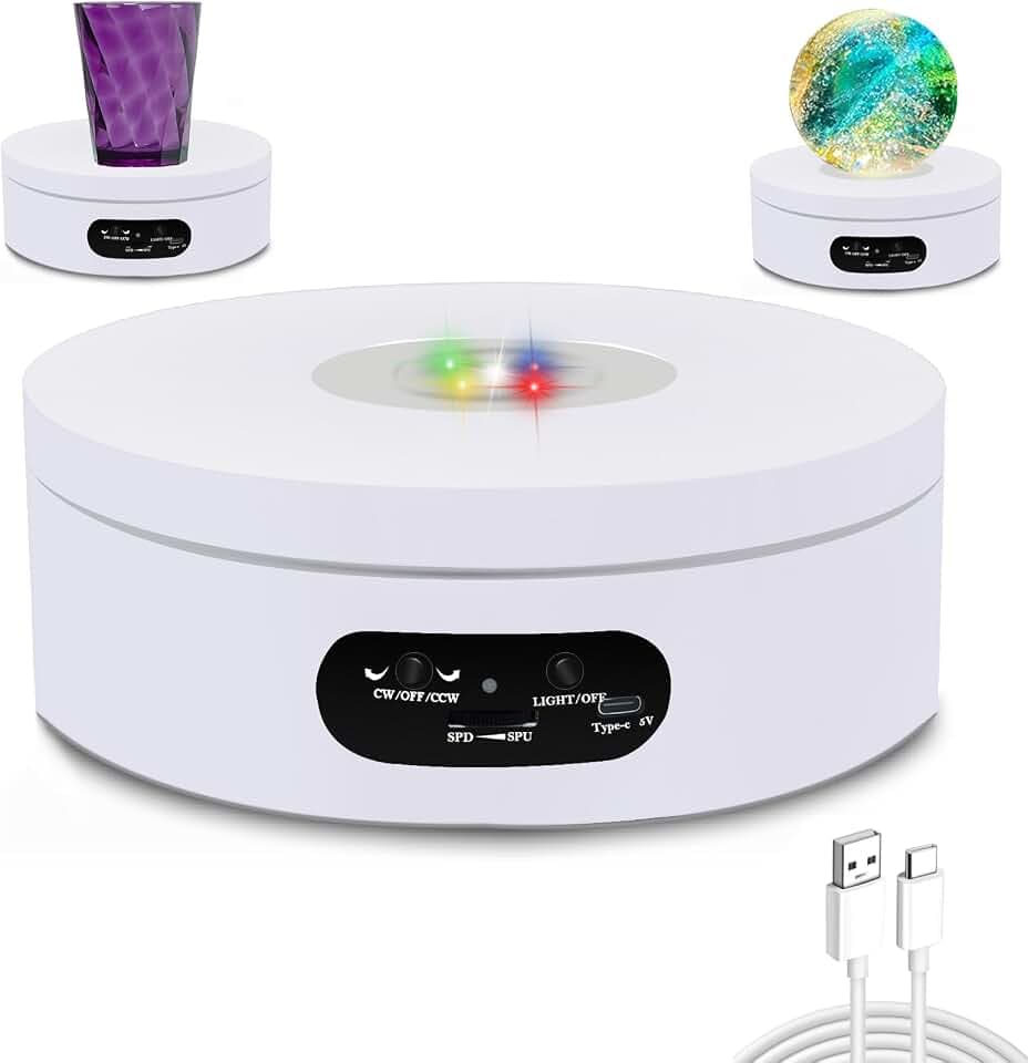 YVV Rotating Display Stand, Spinning Display Stand with Colored Lights, Lighted LED Base for Glass Art , Electric & Battery-Operated Platform 4.72in, Adjustable Speed Electric Turntable White