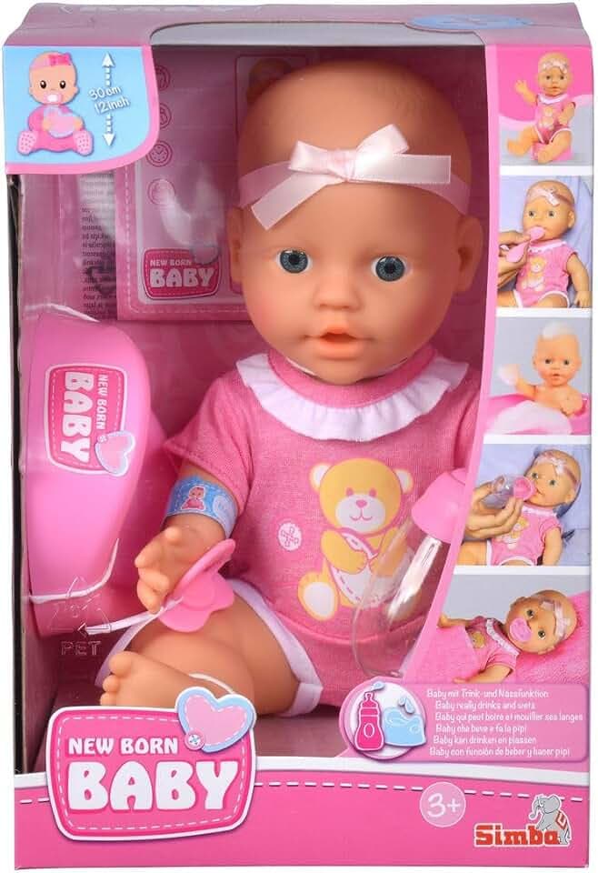 Simba 105030069 - New Born Baby Puppe, Vollvinylpuppe mit Trink- und Nässfunktion, mit Geburtsurkunde und Zubehör, 4 Teile, 30cm, Babypuppe, ab 3 Jahre