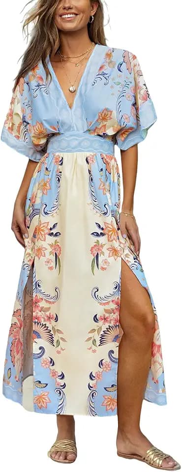 CUPSHE Women's Tropical Floral Deep V-Neck Slit Hem Maxi Dress