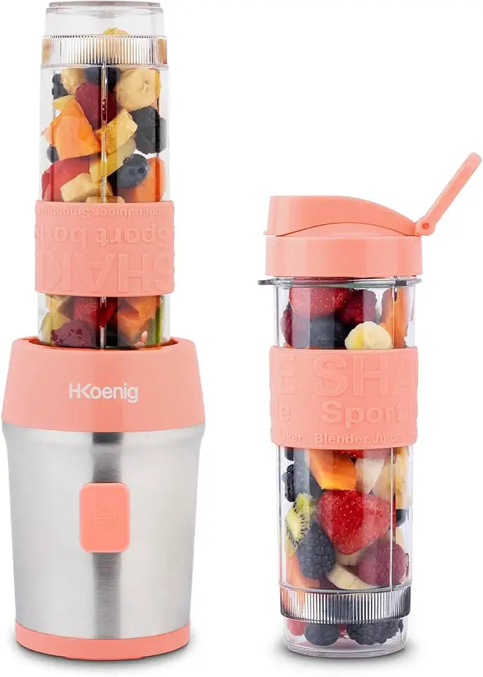 H.Koenig Mini Smoothie Maker Standmixer, Blender elektrisch, Transportabel Kompakt 570mL SMOO10 BPA-frei Leistungsstarke 300W, Smoothie Mixer 2 tragbare Flaschen, Edelstahlklingen, Rosa