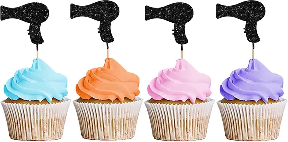 24PCS Hair Drier Cupcake Toppers, Barber Cupcake Toppers For Opening Party, Barbershop Hairdresser Cupcake Picks, Comb Cake Decorations for Beauty/Haircut Salon Party - Black Glitter