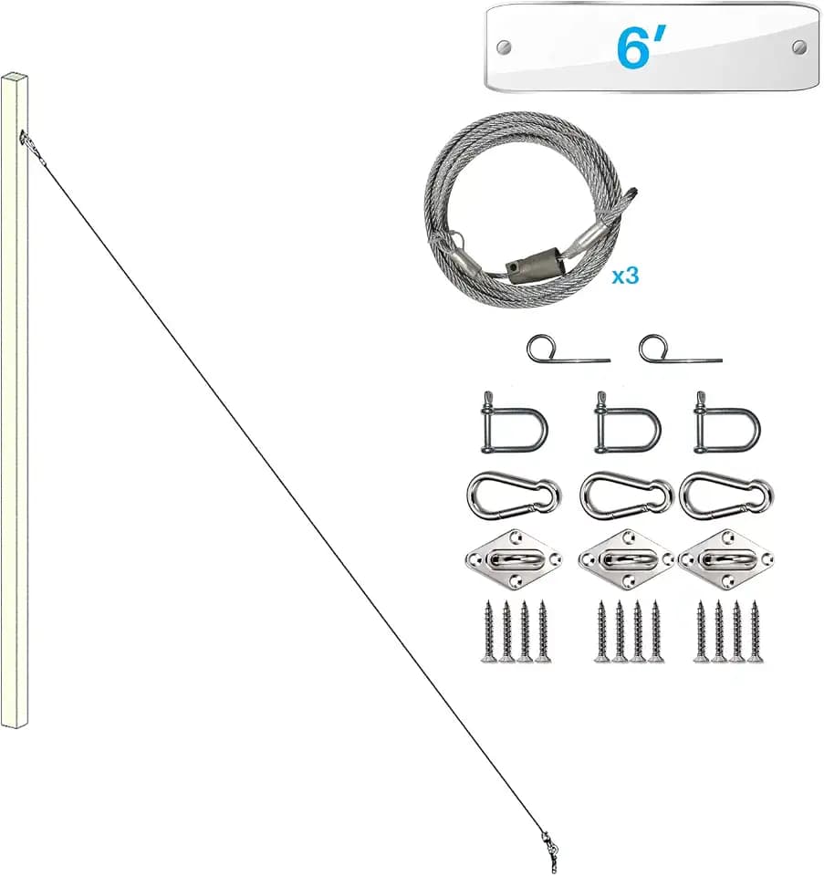 Patio Paradise 6ft One-Way Wire Lock Wire Cable and Sail Kits for Triangle Sun Shade Sail Pole Stand Post Heavy-Duty Awning Canopy Support Poles