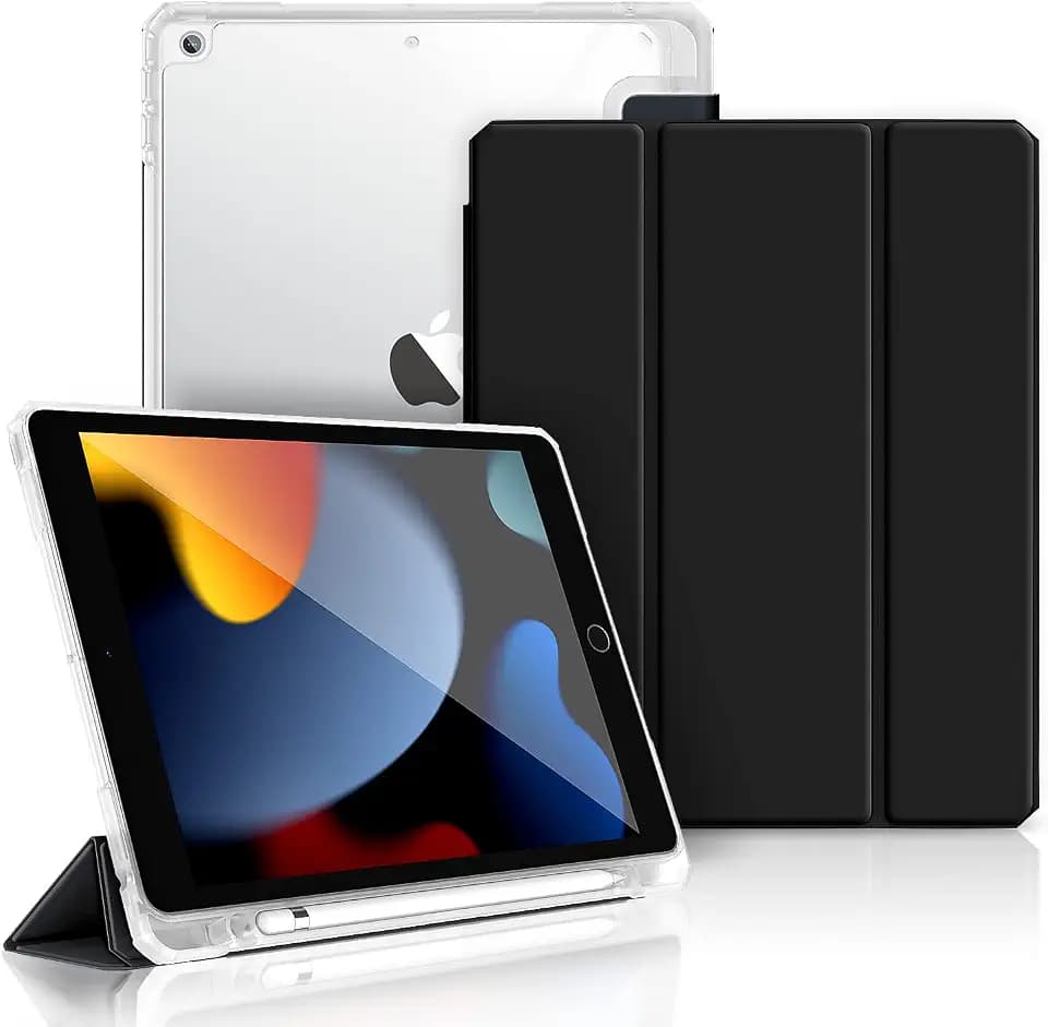 Gahwa Hülle für iPad 10.2 Zoll mit Stifthalter Kompatibel mit iPad 9. Gen (2021)/8. Gen (2020)/7. Gen (2019), Smart Case Ständer Transluzent Matt Rückseite Auto Wake/Sleep - Premium Schwarz