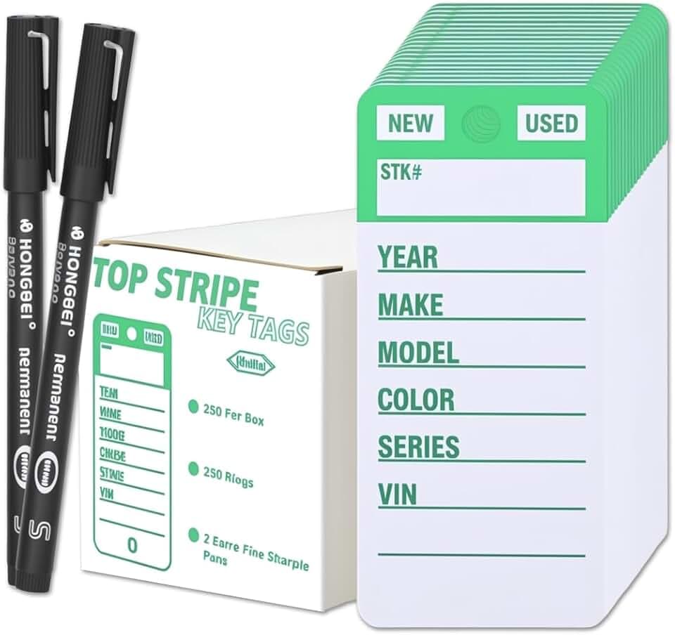 Vinyl Poly Car Key Tags 250 Pcs with 250 Split Rings & 2 Markers, Heavy-Duty & Tear Proof Top Stripe Key Tags with Write-On Design (Green Stripe - Green Letter)