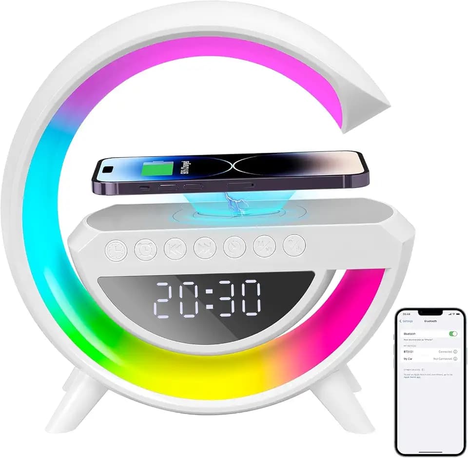 3 in 1 LED Nachttischlampe mit Ladefunktion, 15W kabelloses Schnellladen Tischlampe mit Bluetooth Lautsprecher & Nachtlicht, dimmbare Atmosphärenlampe für Schlafzimmer, Büro, Geschenkidee