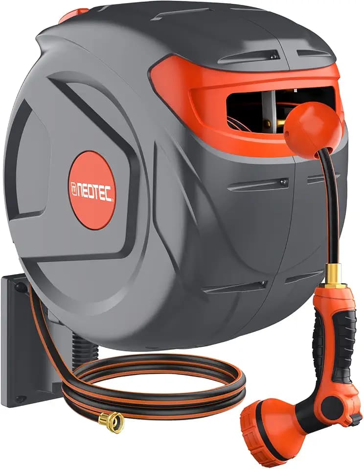 100FT Retractable Garden Hose Reel 1/2 Inch with 9-Pattern Nozzle - Automatic Slow Return & Any Length Lock, Wall Mounted Heavy Duty Hose Reels for Outside, 180° Swivel UV Resistant