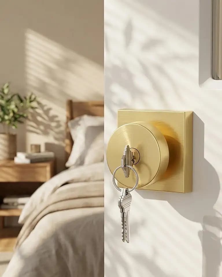 Haidms Gold Entry Door Knob with Lock and Key, Square Heavy-Duty (1 Pack)