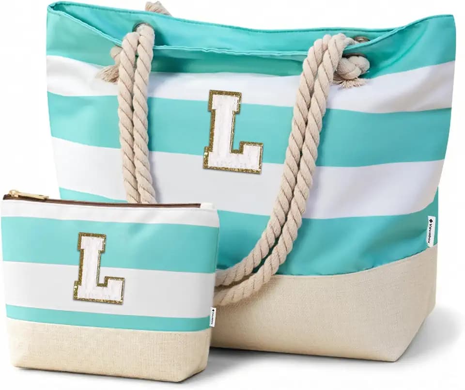 Vavabox Initial Beach Tote Bag for Women, Water-resistant Gifts for Women