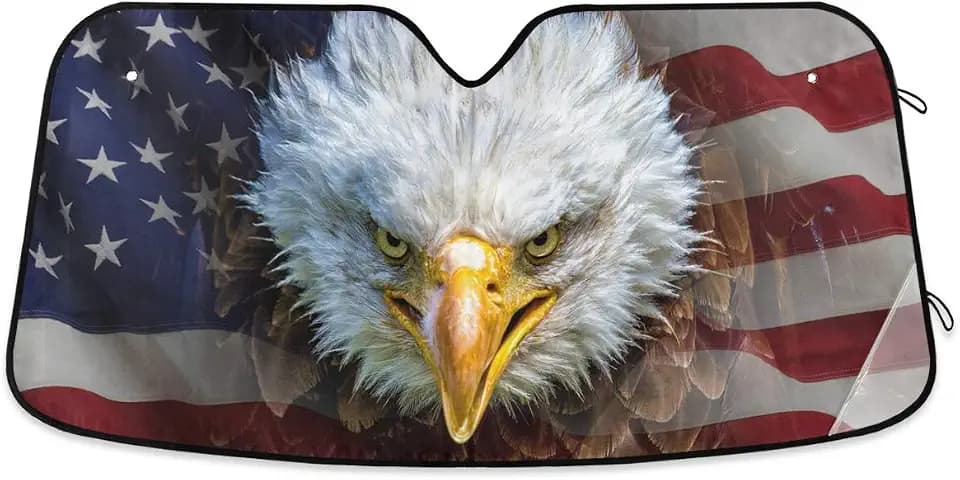 Bald Eagle American Flag Car Windshield Sun Shade Block UV Rays Sun Visor Protector Accordion Folding Sunshade Keep Vehicle Cool and Damage Free, Easy to Use, Fits Windshields of Various Sizes