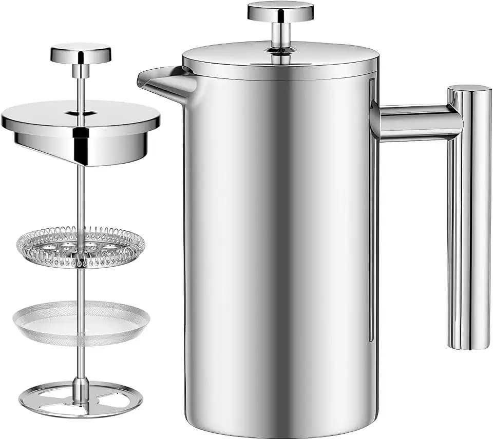 Kaffeebereiter 1000ml, French Press Edelstahl, Kaffeepresse 8 Tassen mit 3 Edelstahlfilter System, Doppelwandige Isolierte Kaffeekanne und Teebereiter für Halloween Weihnachten, Silber