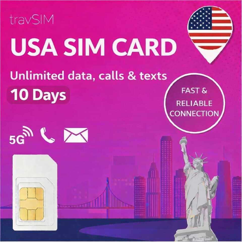 Prepaid SIM Card USA 10 Days (Uses The T-Mobile Network) | Unlimited Mobile Data, Texts and Calls |US SIM-Card Supports 4G/5G speeds| travSIM