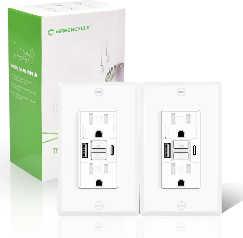 Greencycle 15 Amp GFCI Outlet with USB C & USB A Ports, 2PK Self Test GFCI Electrical Outlet Combination with USB,with LED Indicator,Residential & Commercial Grade, Includes Wall Plate & Screws, White