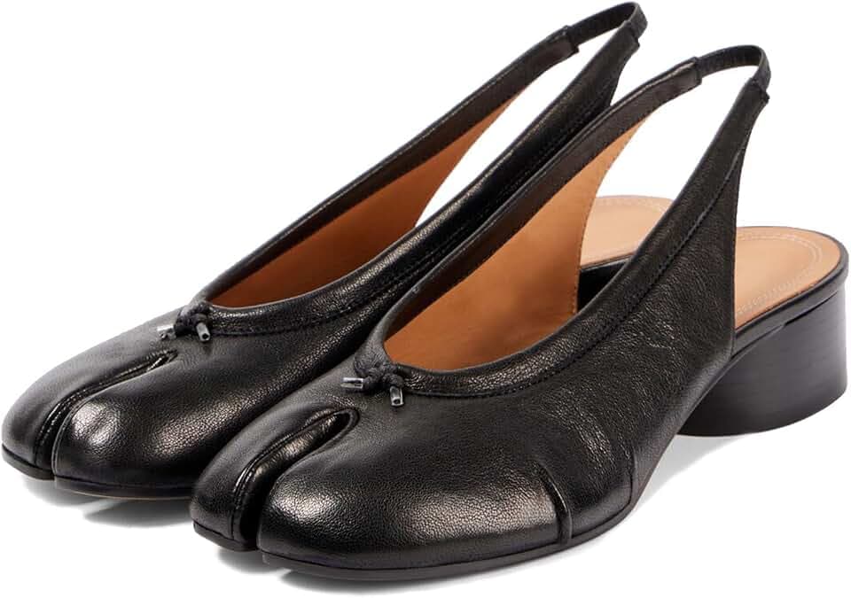 KOKOMOMO Black Split Toe Slingback Heels for Women Japanese Tabi Shoes Cylindrical Block Heels Pumps Chunky Heel Office Wedding Party Dress Shoes
