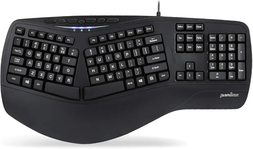 Perixx PERIBOARD-312 Ergonomic Backlit Keyboard - Wired USB with 2 Hubs - Natural Split Design - White LED - Black