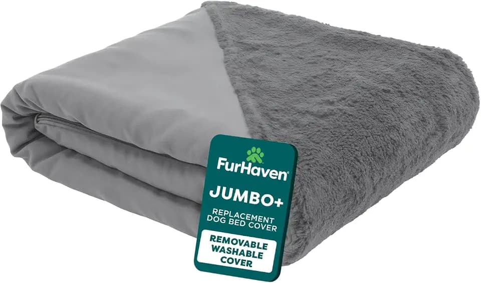 FurHaven Replacement Dog Bed Cover, Sofa-Style Design with Ultra-Plush Sleep Surface for Protecting Pet Mattresses, Zippered & Machine Washable, Jumbo Plus XXL, Plush & Suede, Gray