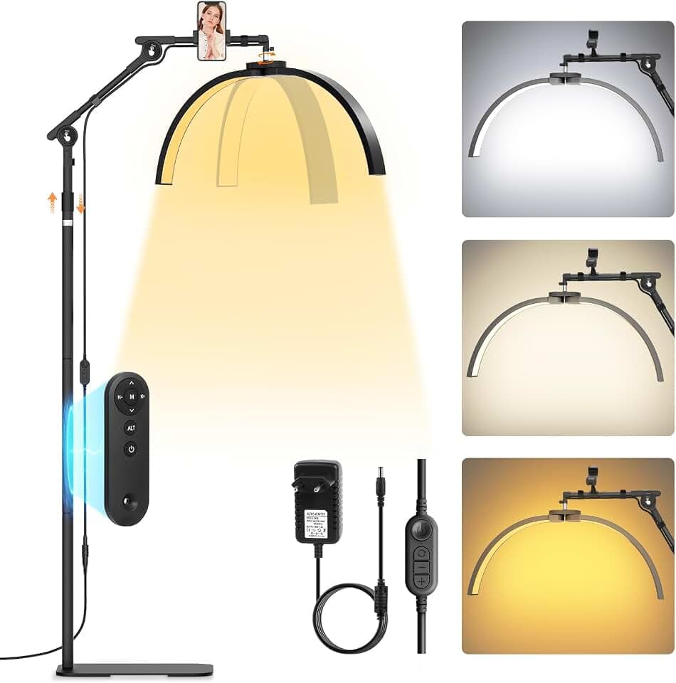 LED Halbmond Wimpern Lampe: Drehbar 360° Halbmond Beauty Lichter Stehlampe mit Telefonhalter - Dimmbares Wimpernverlängerung Lampe für Beauty,Tätowierer, Make-Up Artists - Schwarz