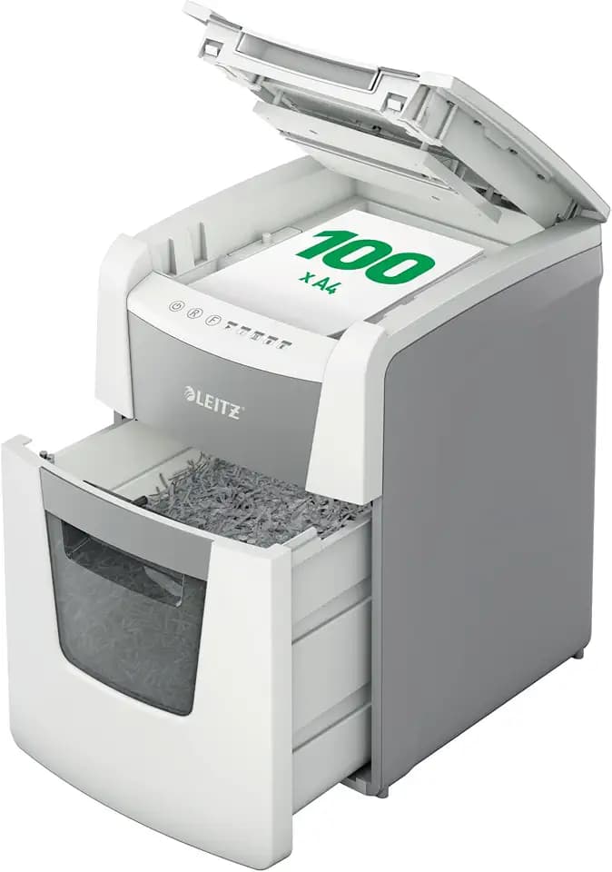 Leitz IQ Autofeed Small Office Aktenvernichter, 100 Blatt Papierstapel | Zeit sparen mit automatischem Einzug, Mikroschnitt P5, 34L Abfallbehälter, Leiser Betrieb für Büro, 80120000