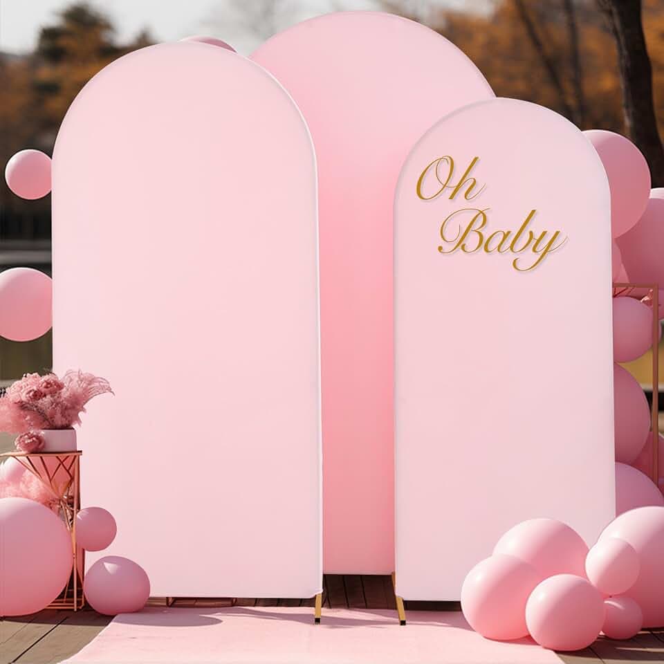 6FT 5FT 4FT Baby Pink Arch Backdrop Cover Set of 3,Wrinkle Free Stretchy Spandex Set of 3 Wedding Arch Cover,Pink Round Chiara Arch Backdrop Background Stand Cover for Birthday Party Baby Shower