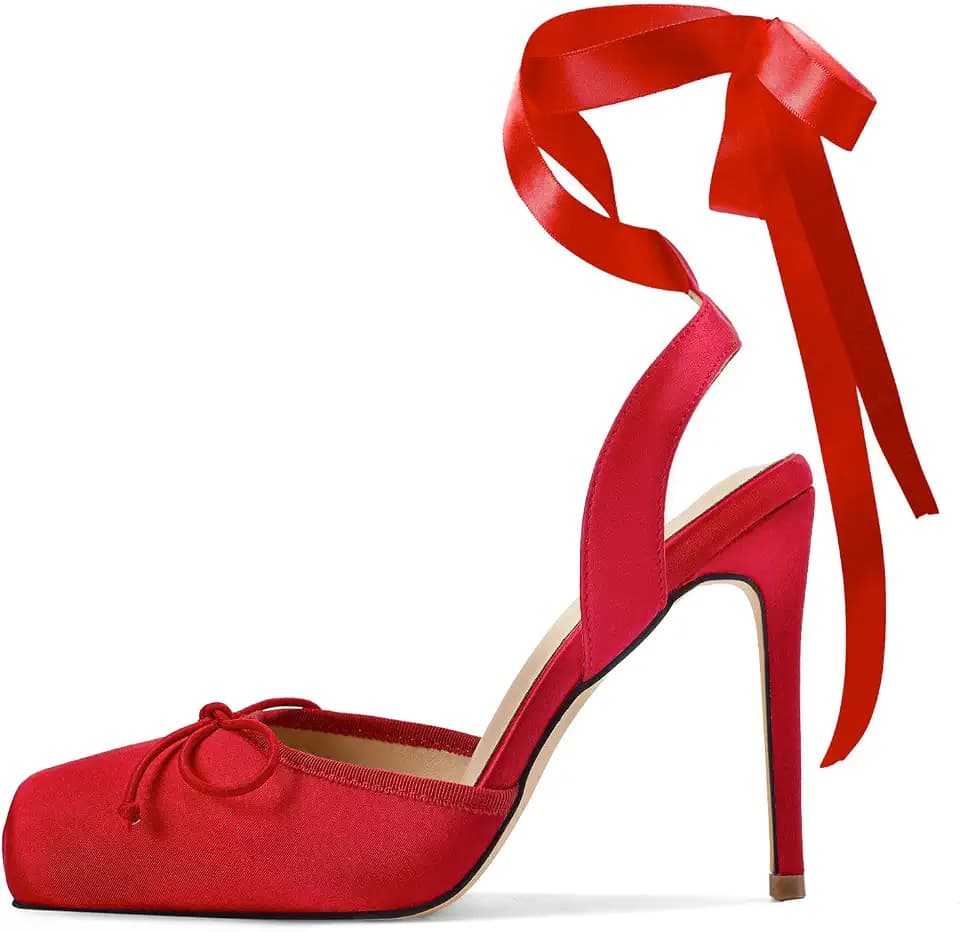 Vertundy Women's Satin Ballet Heels Lace Up Square Toe Stiletto High Bow Ballerina Heels