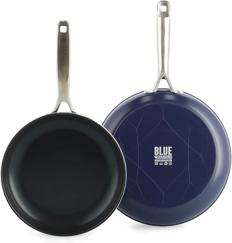 Blue Diamond 2 Piece Nonstick Frying Pan Set, 9.5” & 11" Skillets, PFAS-Free Ceramic, Dishwasher & Oven Safe, Stainless Steel Handle, Durable Metal Utensil Safe, Egg & Omelet Pans, Blue
