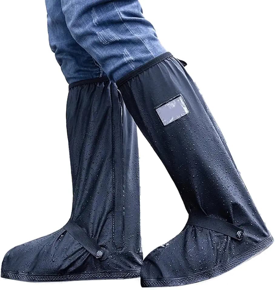 NHQZ C1 schwarze lange Regenstiefel Größe L + A5 schwarze Aufbewahrungstasche Wasserdichte Schuhüberzieher, Faltbare Wasserdicht Überschuhe für Männer Frauen, Rutschfest Regenüberzieher Schuhe