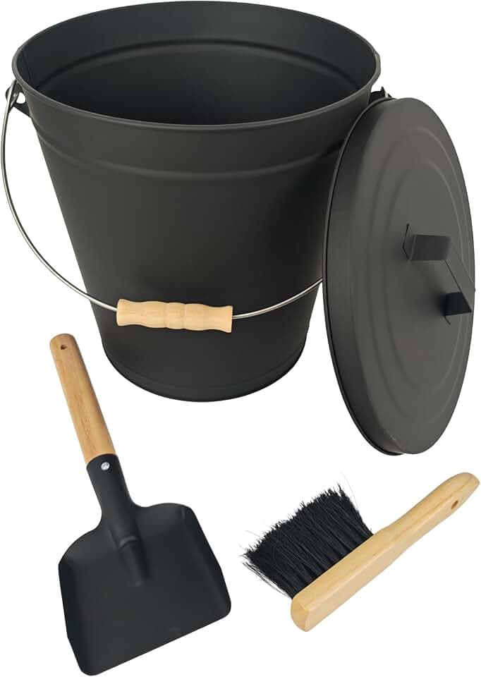Relaxdays Ascheeimer mit Deckel, Größenwahl, inkl. Aschebesen & Kaminschaufel, Aschebehälter mit Henkel, schwarz/Natur