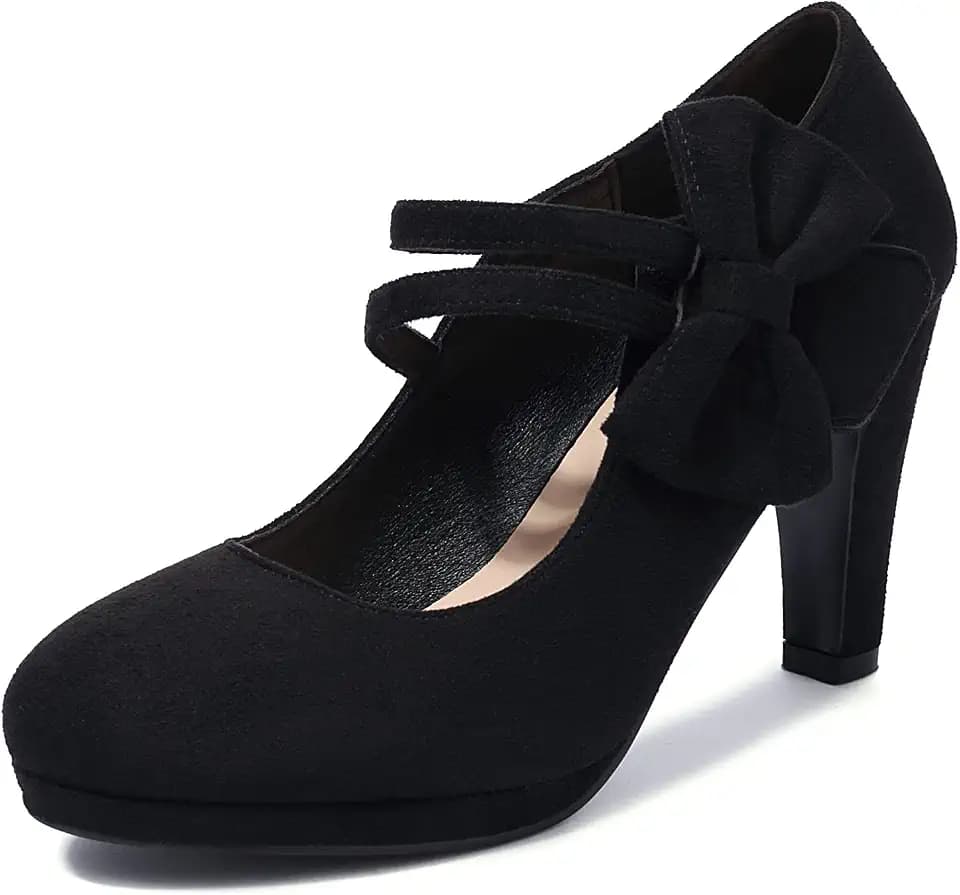 Elerhythm Women's Mary Jane Heels with Bow Retro Closed Round Toe Pumps Suede Chic Bowtie Vintage Sweet Office Dress Daily Shoes