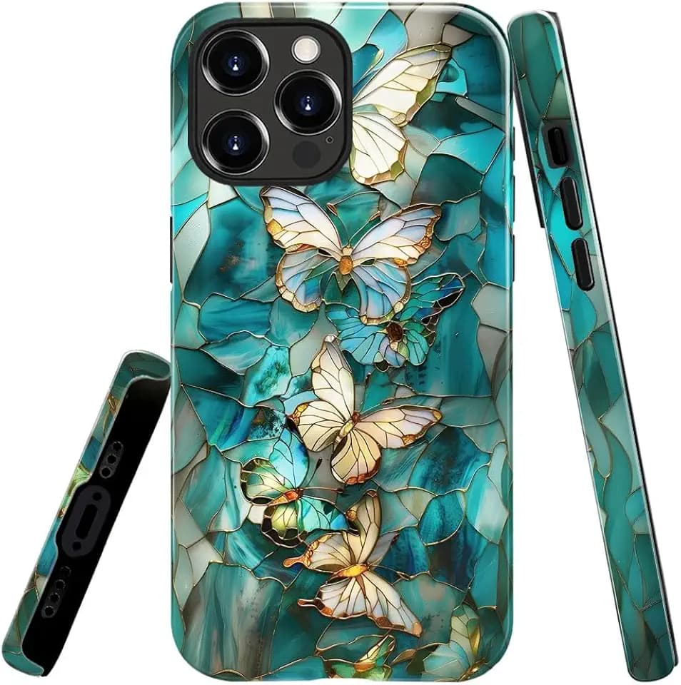 Case for iPhone 14 Pro,Butterfly Stained Glass Phone Case Slim Silicone Shockproof Cover for Girls Women（Glossy & Durable）