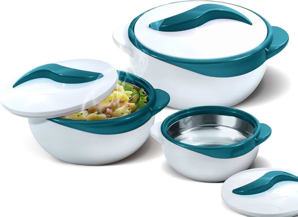 Pinnacle Servierschüssel für Salat/Suppenteller – Thermo-Schüssel mit Deckel – tolle Schüssel für den Urlaub, Abendessen und Party, 3 Stück (Türkis)