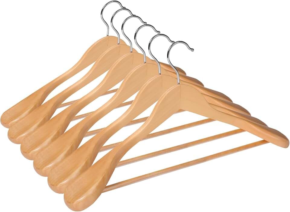 ABHENG Kleiderbügel aus Holz, 6er Set Anzugbügel, um 360° drehbarer Haken, für Jacken,Hemden, Anzüge, Mäntel, 44 x 5,5 x 23 cm (L x B x H), naturfarben AWY0406N
