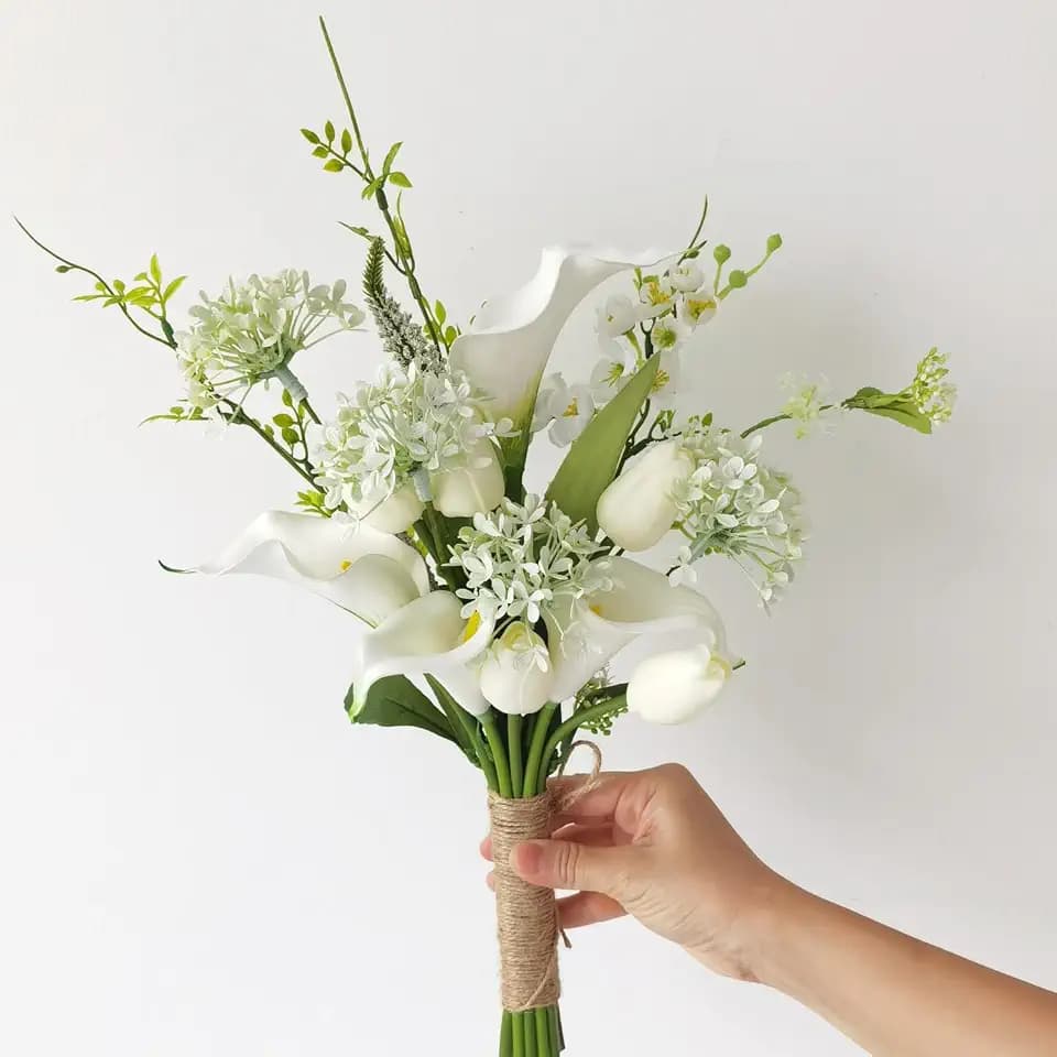Tulips Hydrangea Calla Lily Artificial Flowers Real Touch Fake Flower for Bridal Bouquet Wedding Bouquet Home Decoration Party (White)